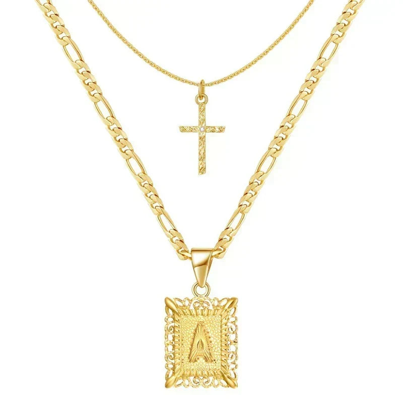 Cross Initial Necklace Set | Gold