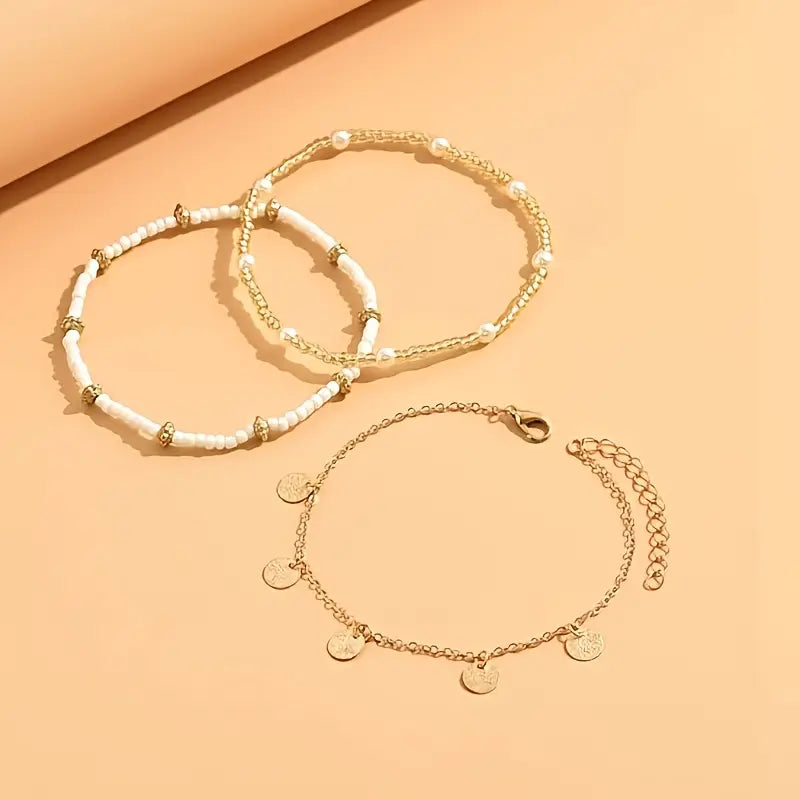 Coastal Pendant 3-Piece Layered Anklet Set | Gold