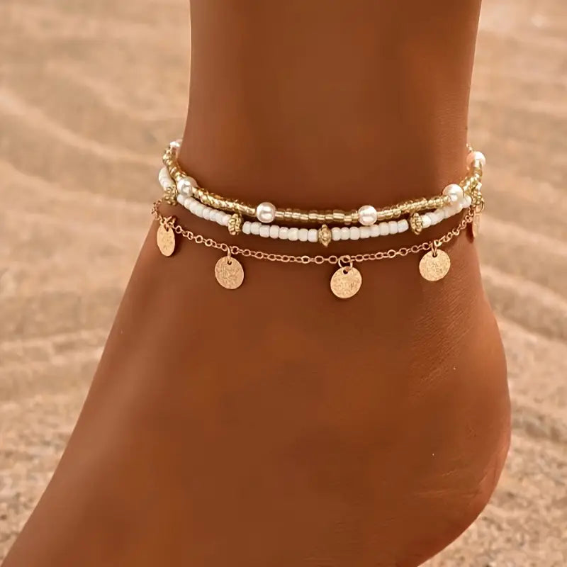 Coastal Pendant 3-Piece Layered Anklet Set | Gold