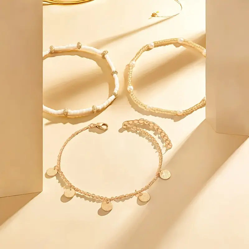Coastal Pendant 3-Piece Layered Anklet Set | Gold