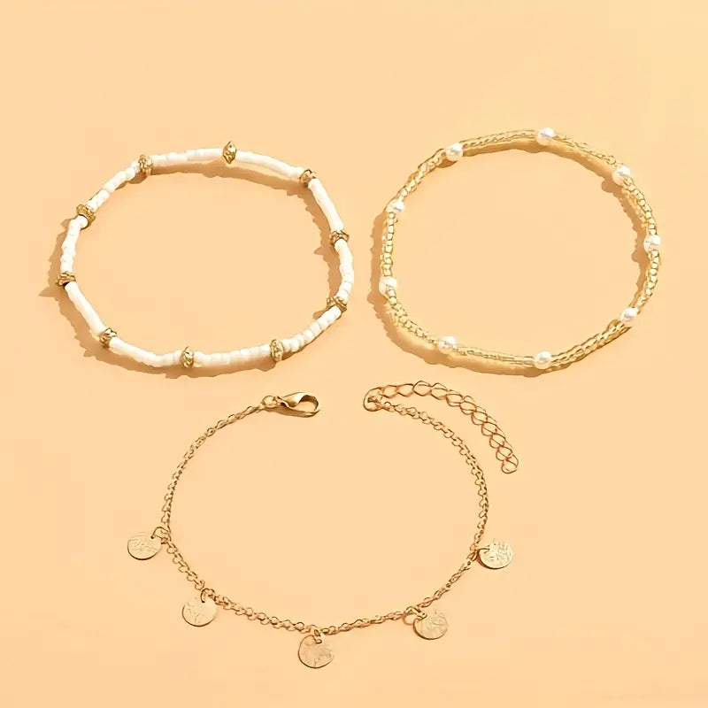 Coastal Pendant 3-Piece Layered Anklet Set | Gold